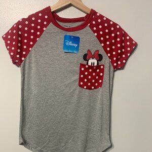 Disney Minnie Mouse Polka Dot Pocket T-Shirt Juniors 3/5 Small Gray Red White